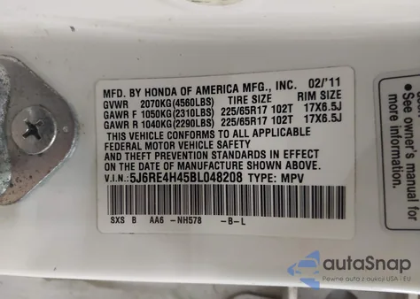2011 Honda Cr-V Se from USA, damaged, VIN 5J6RE4H45BL048208